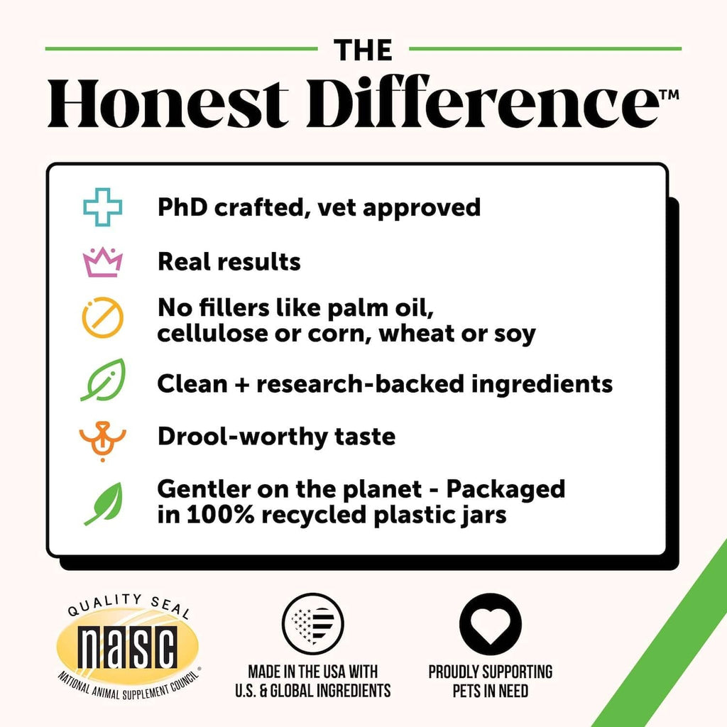 The Honest Difference panel listing PhD crafted, vet approved, and clean ingredients