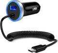 Black USB-C car charger with blue LED ring and coiled cable, USB-C plug end