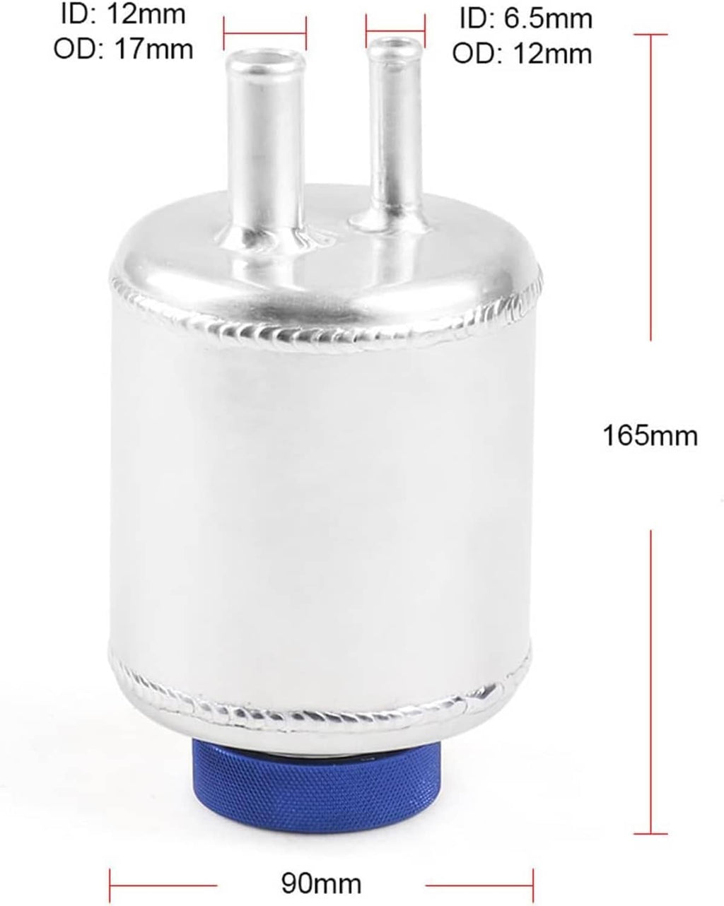 Aluminum power steering fluid reservoir tank with two top outlets and blue base