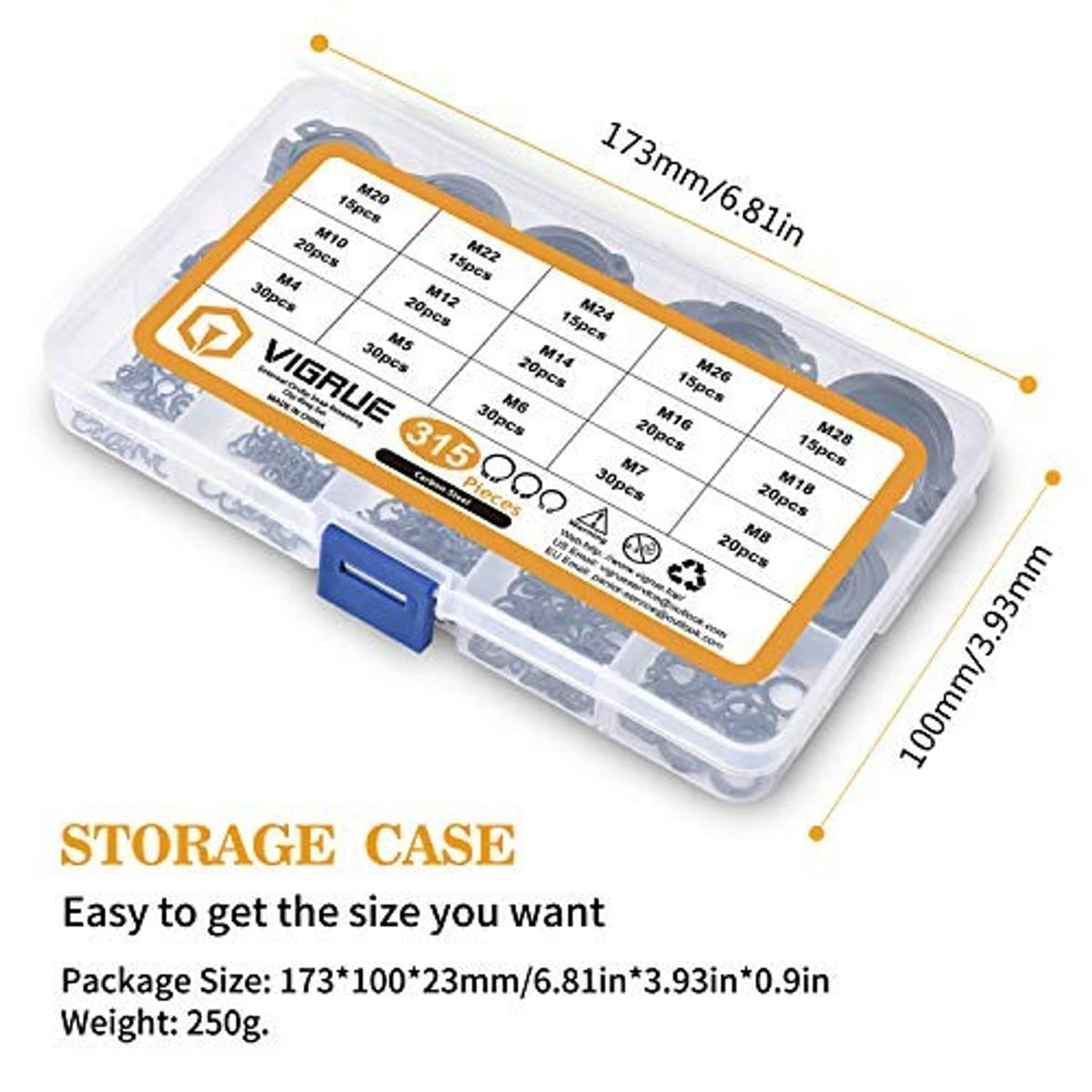 Snap ring assortment storage case with labeled sizes and transparent lid, black circlips