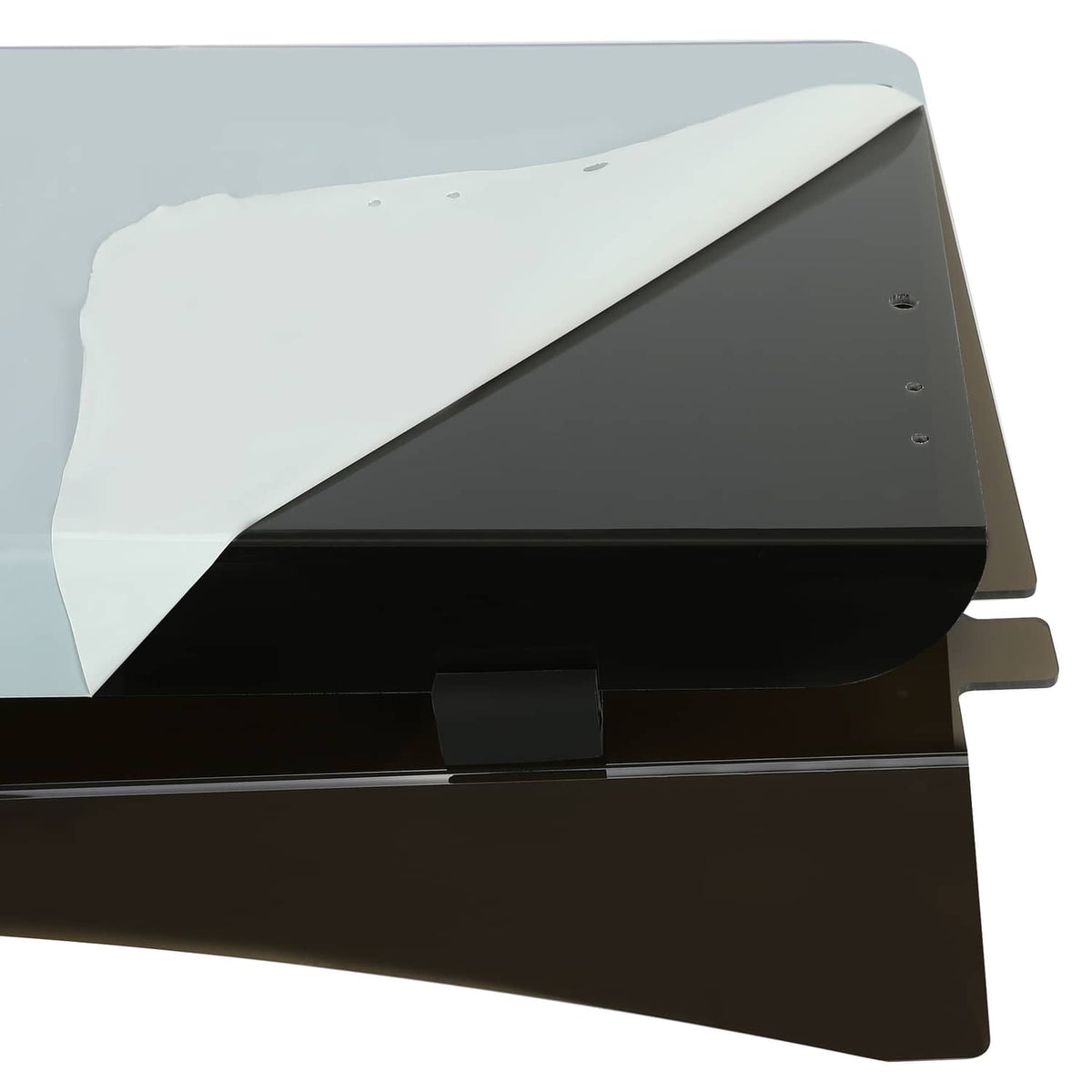 Tinted fold-down windshield for EZGO golf cart, white frame and black brackets