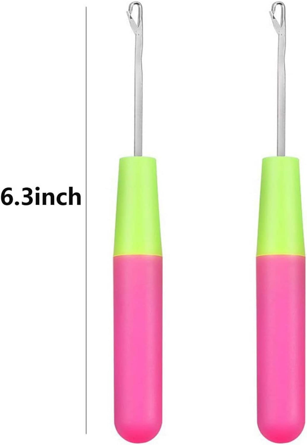 Latch hook crochet needle tools with lime green and pink foam handles, two pieces