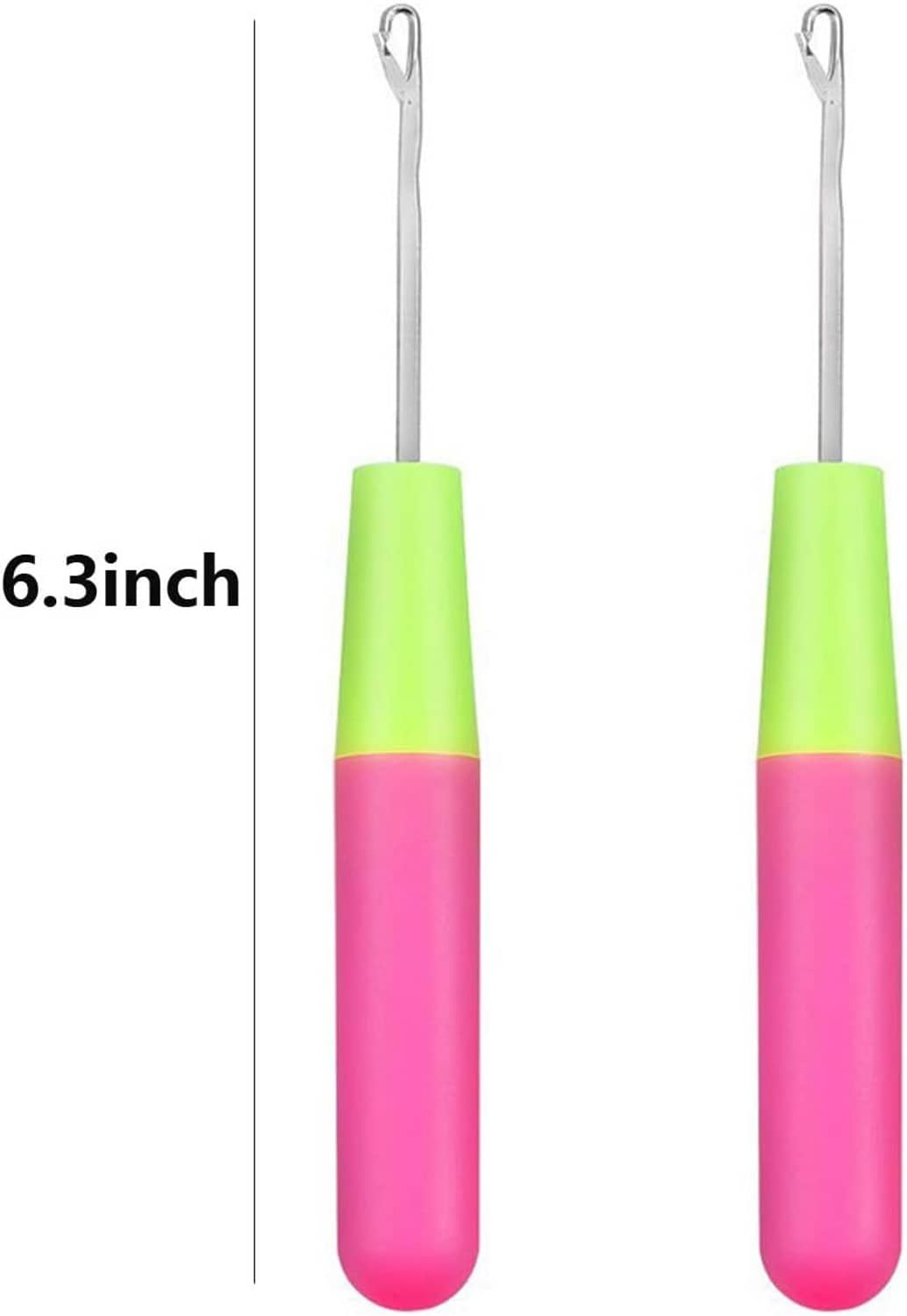 Latch hook crochet needle tools with lime green and pink foam handles, two pieces