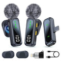 Black wireless lavalier microphone set with dual mics, furry windscreens, and charging case