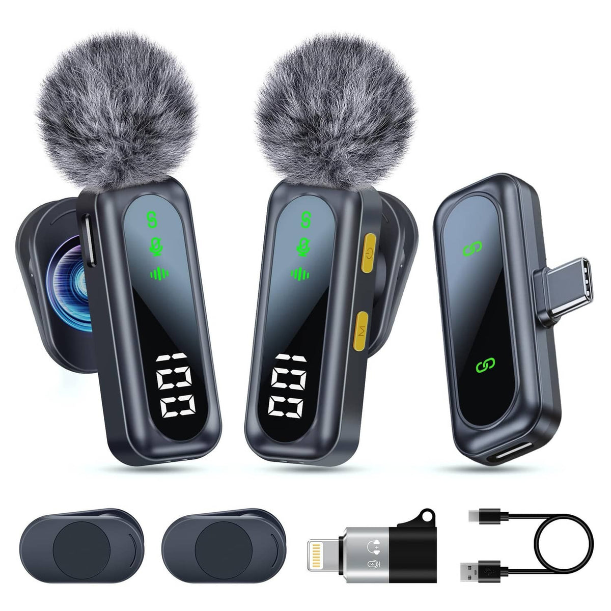 Black wireless lavalier microphone set with dual mics, furry windscreens, and charging case