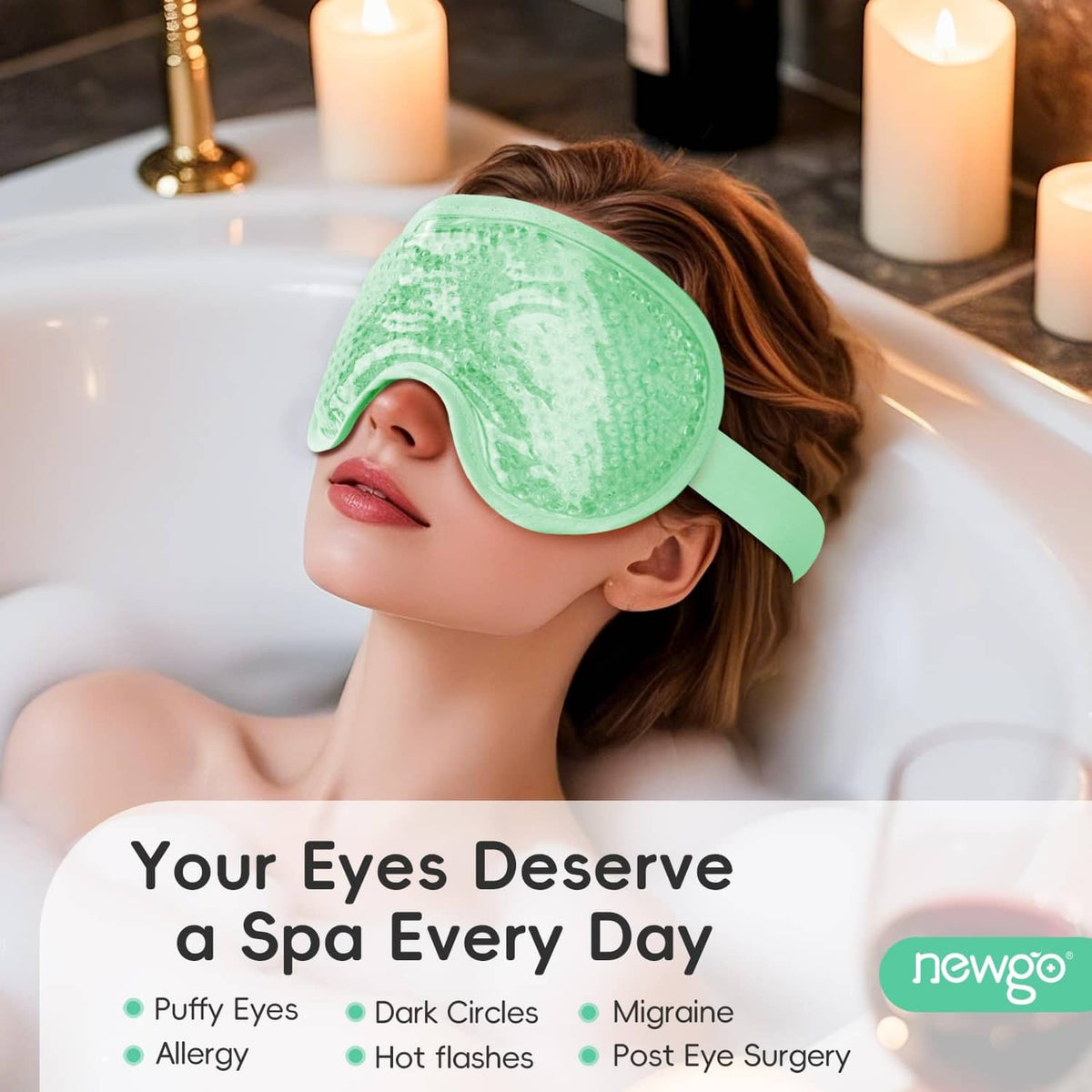 Green cooling gel eye mask worn on face, cushioned curved shape with elastic strap