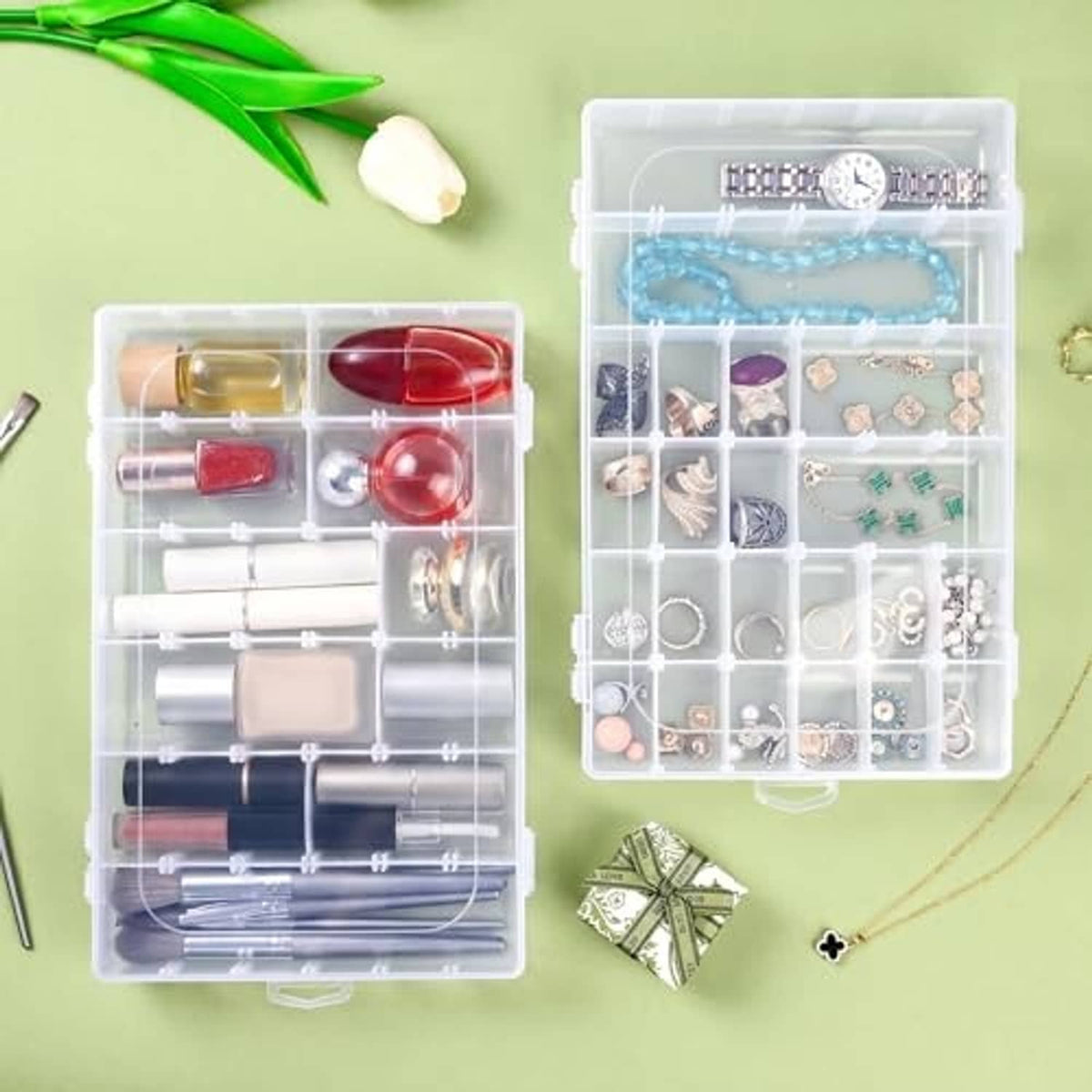 Clear plastic grid organizer box with divided compartments for jewelry and accessories