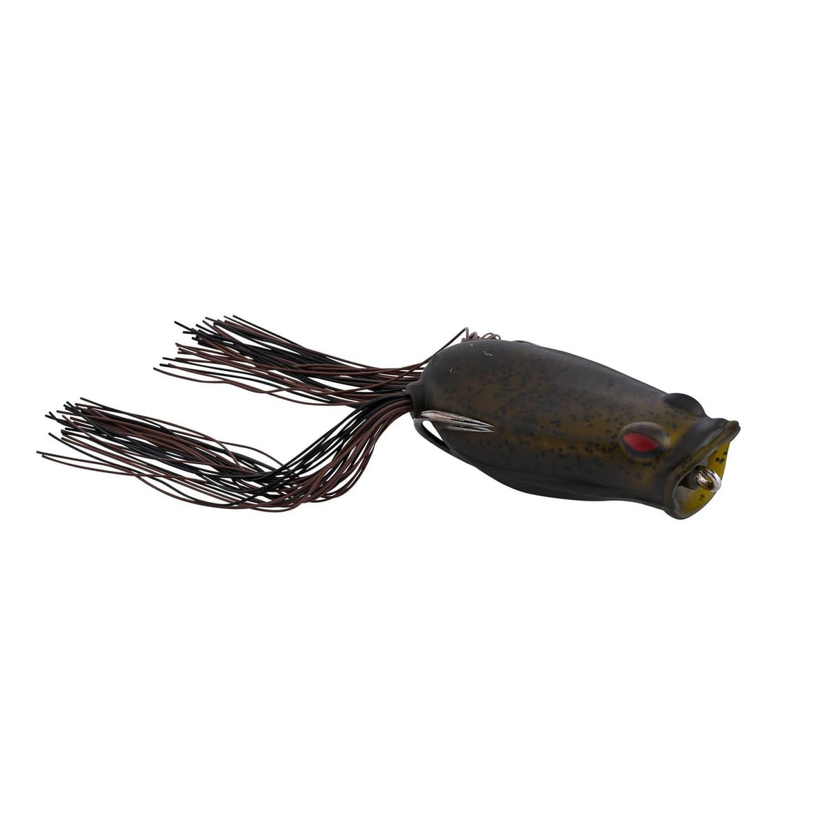 Frog-style popping fishing lure with dark body, black hook, and trailing maroon skirt strands