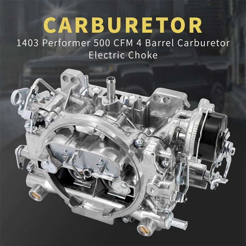 Aluminum 4-barrel carburetor with electric choke, angled view of intake and valves