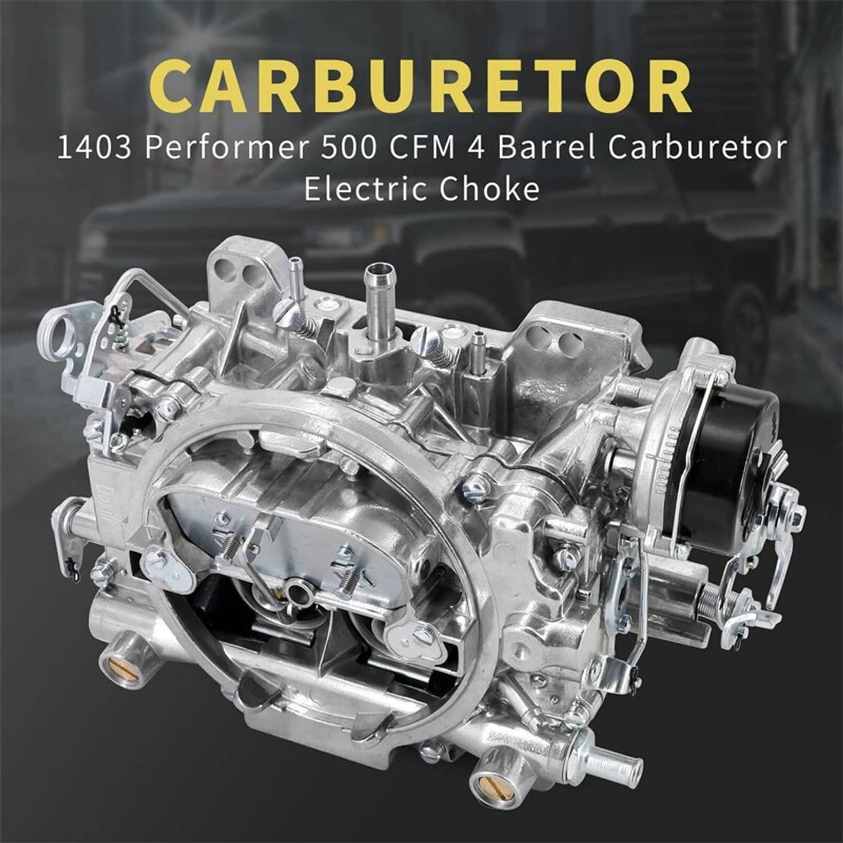 Aluminum 4-barrel carburetor with electric choke, angled view of intake and valves