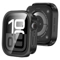 Black smartwatch protective case with clear front cover and raised metal bumper
