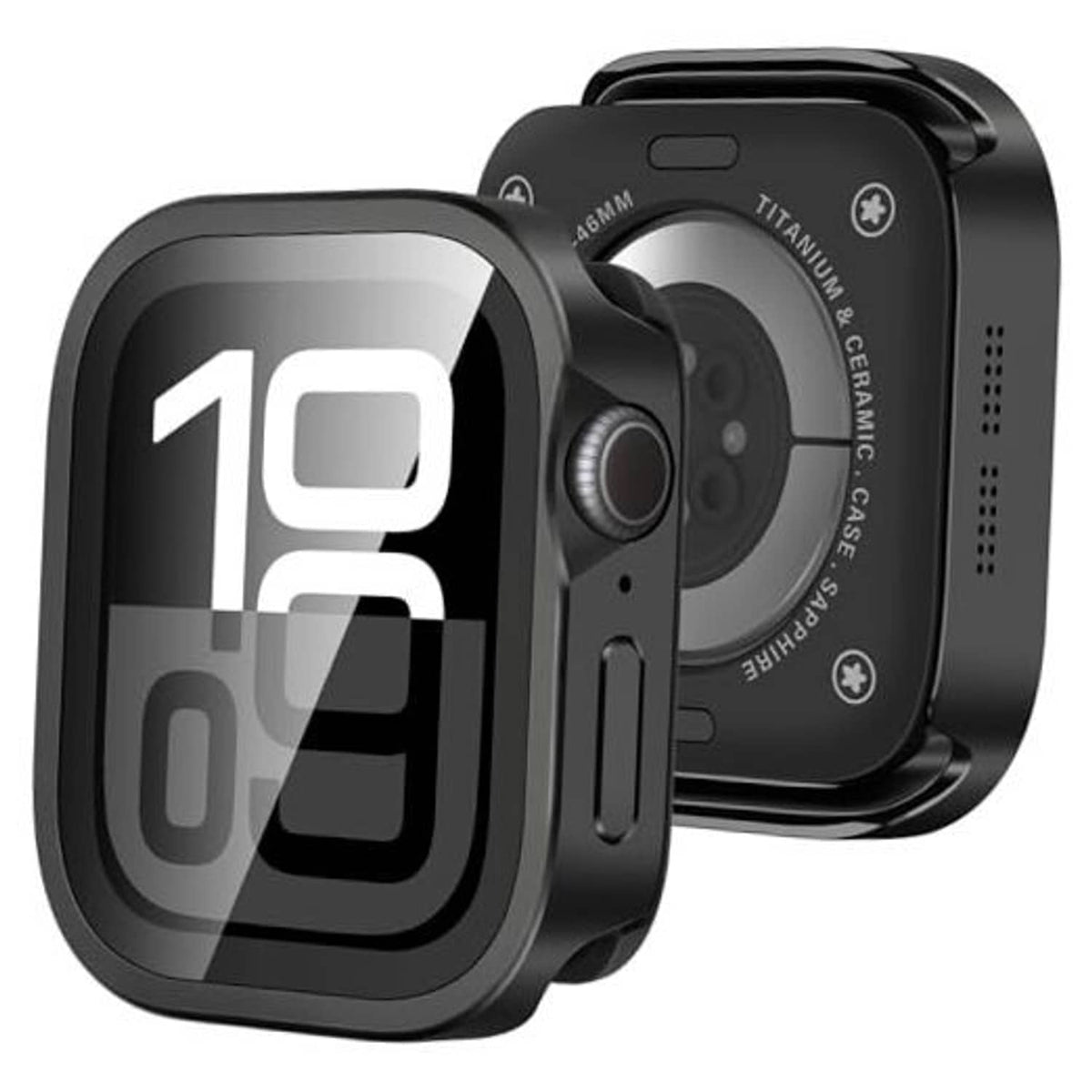 Black smartwatch protective case with clear front cover and raised metal bumper