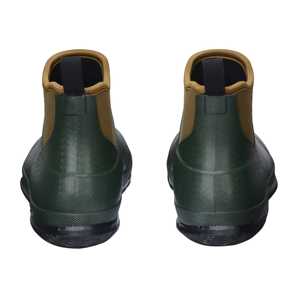 Women's waterproof ankle deck boots, dark green rubber with tan back cuffs and heel tread
