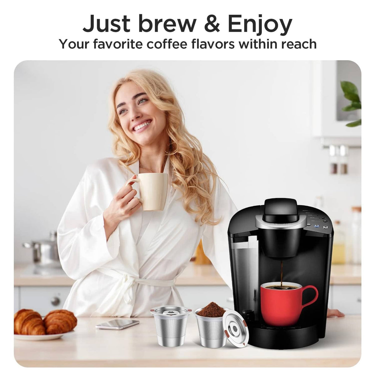 Reusable k-cup coffee filters set with stainless steel cups and mesh inserts, silver