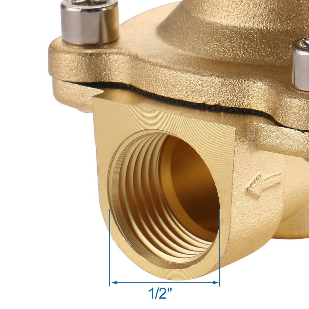 Close-up of 1/2 inch brass solenoid valve with threaded opening and coil base