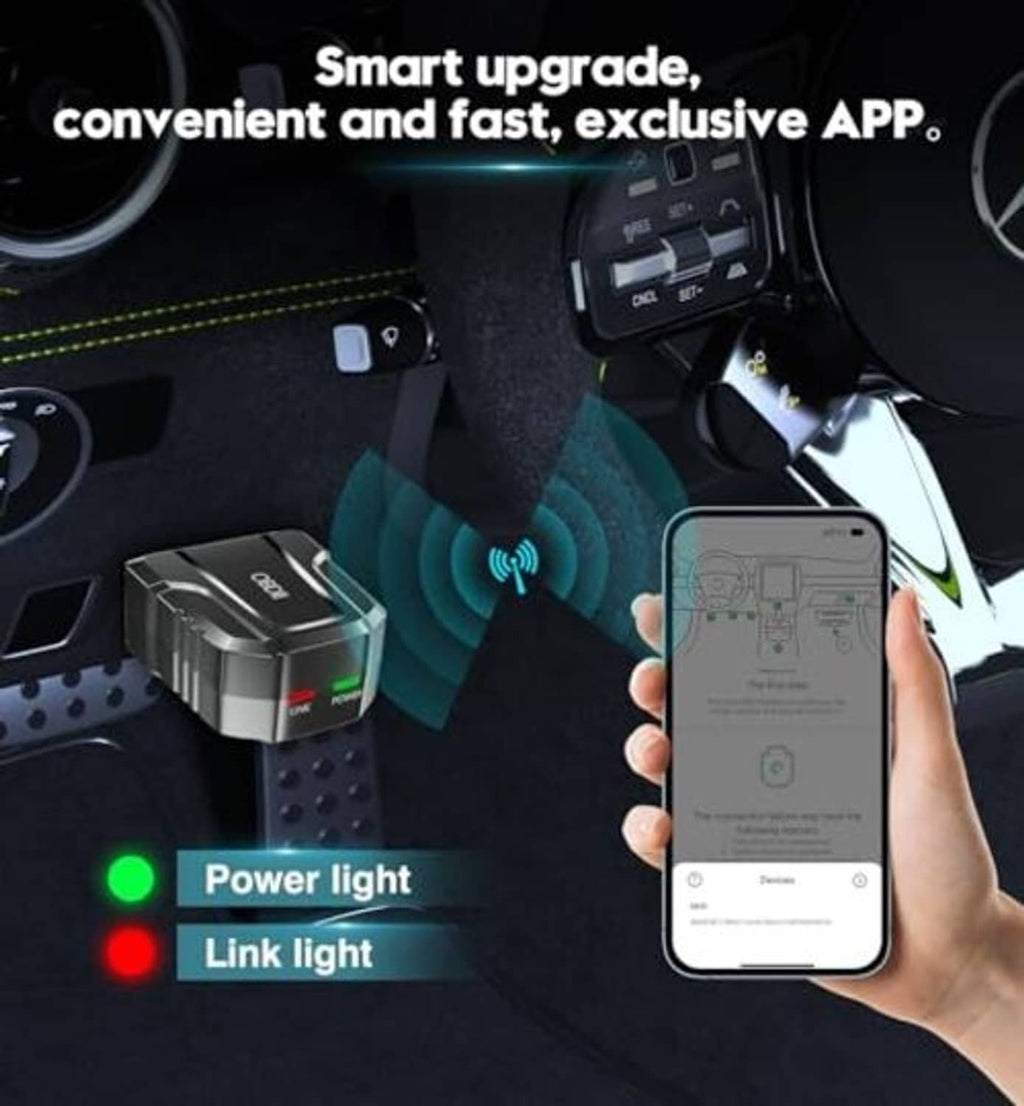 Black OBD2 Bluetooth scanner with green and red status lights and app control phone