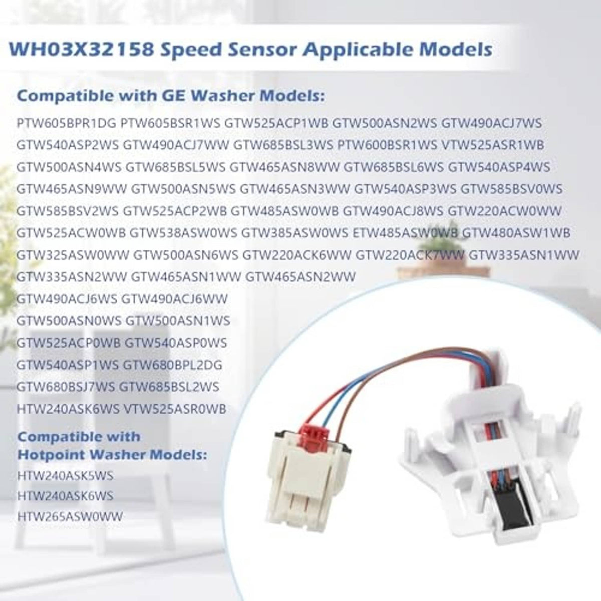 Washer speed sensor replacement part with white connector and colored wire leads