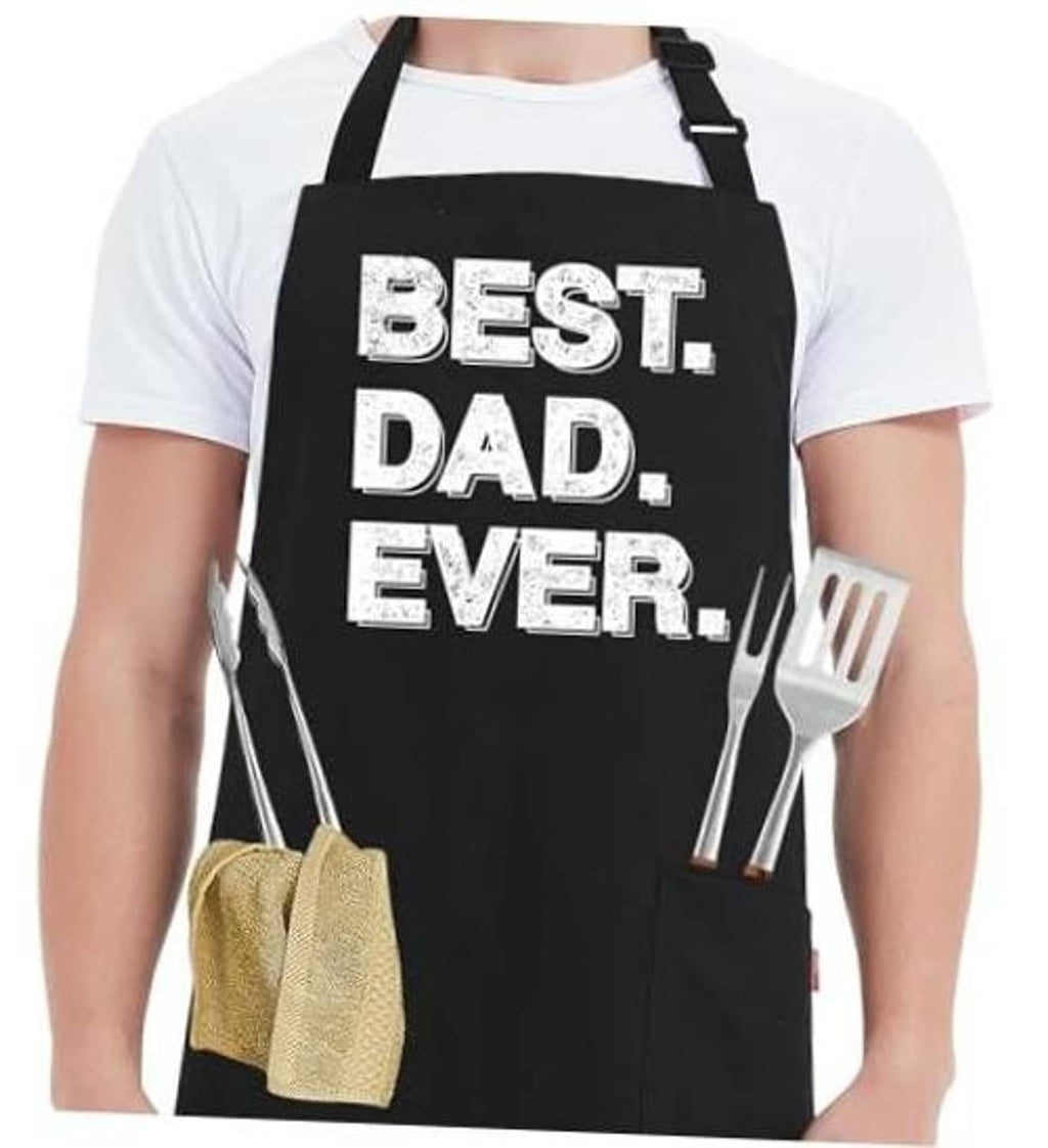 Men’s black “Best Dad Ever” apron with neck strap and front pockets