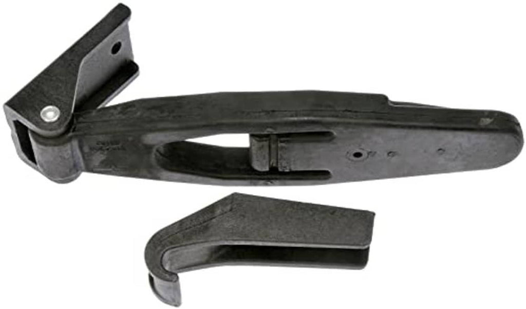 Hood latch assembly with pivoting latch handle and mounting bracket, dark metal