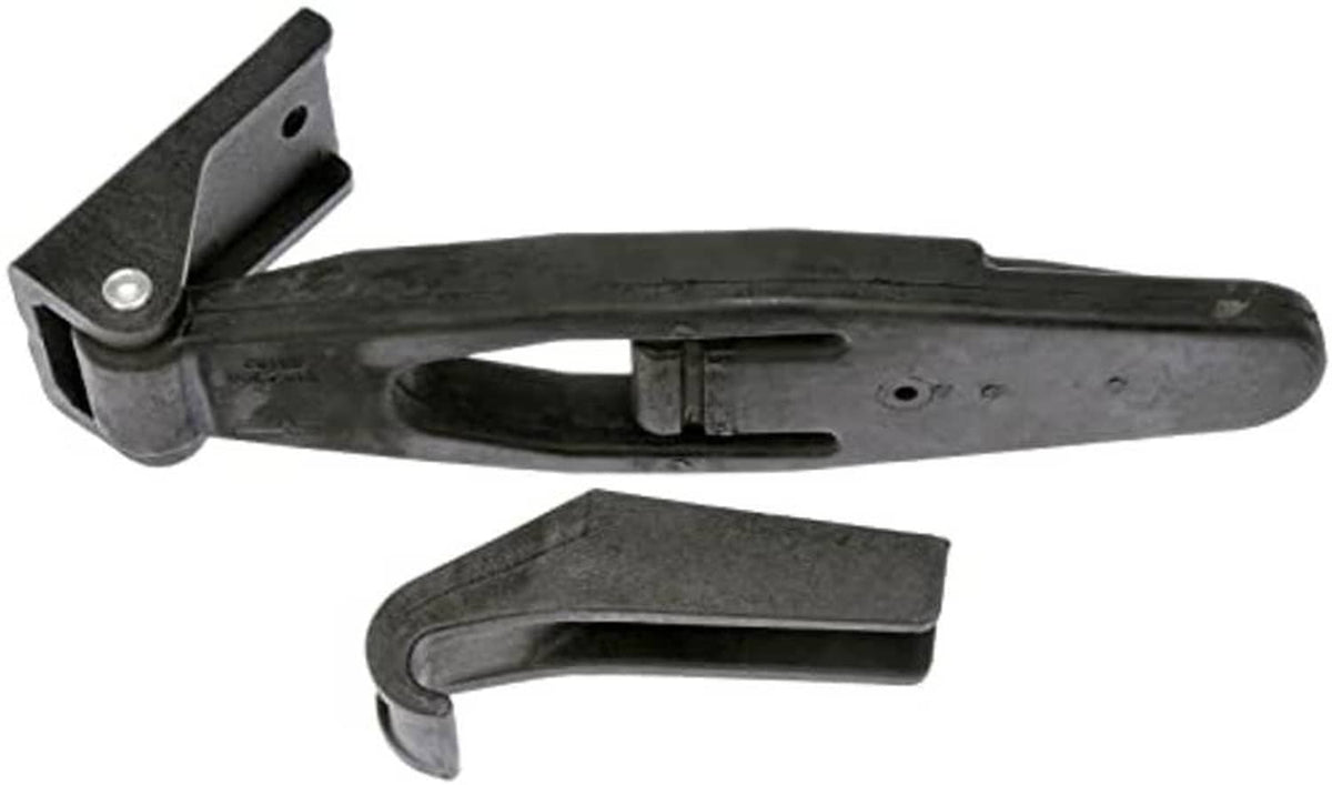 Hood latch assembly with pivoting latch handle and mounting bracket, dark metal