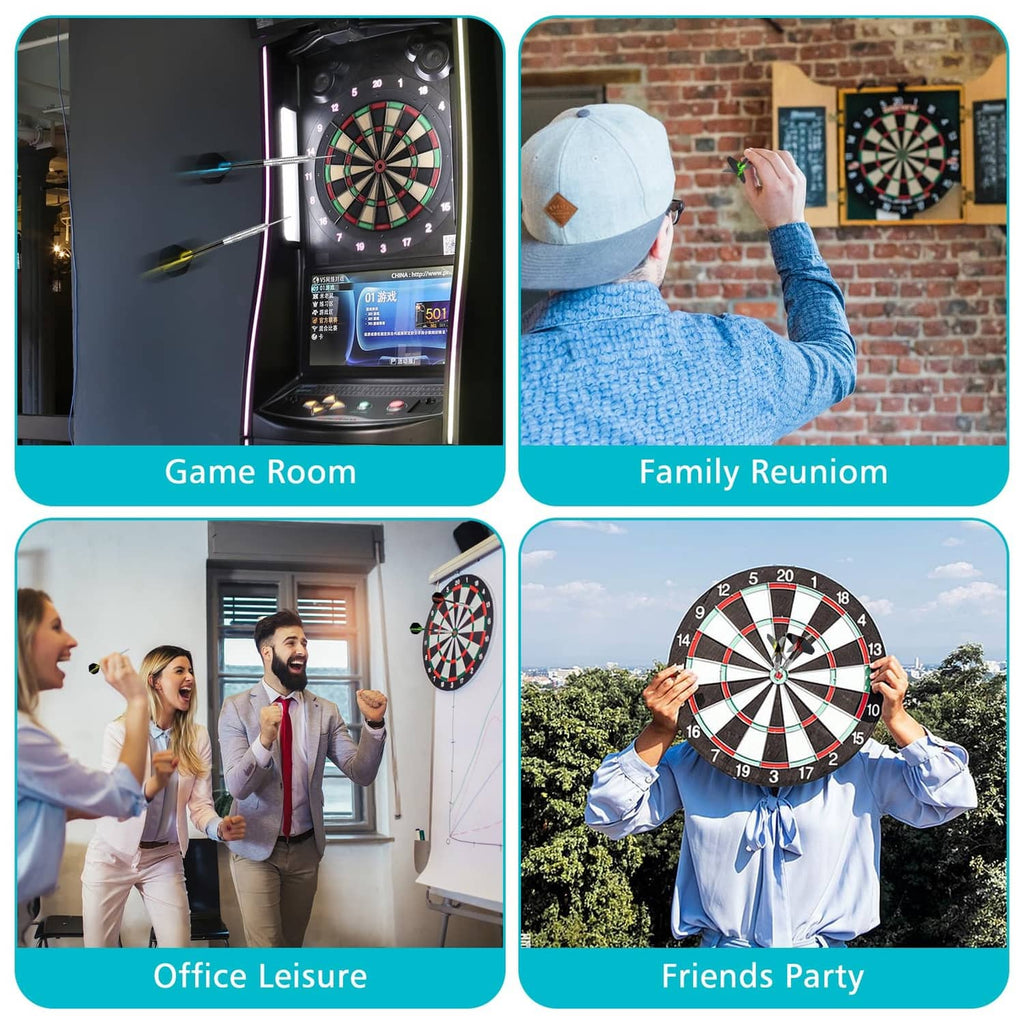 Darts for indoor and outdoor games shown with multiple people aiming at wall dartboards