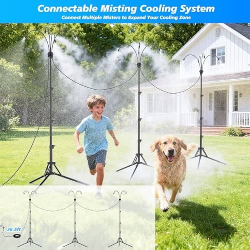 Connectable outdoor misting cooling system with multiple tripod stands spraying mist