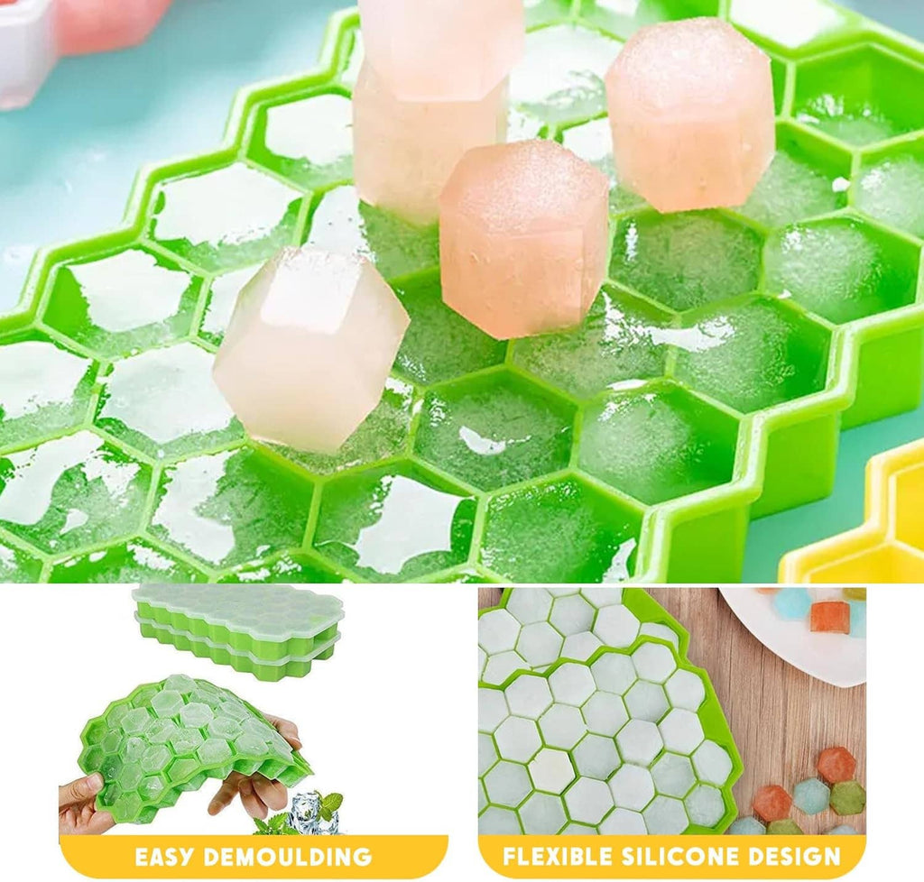 Green silicone honeycomb ice tray with clear ice cubes in hex compartments