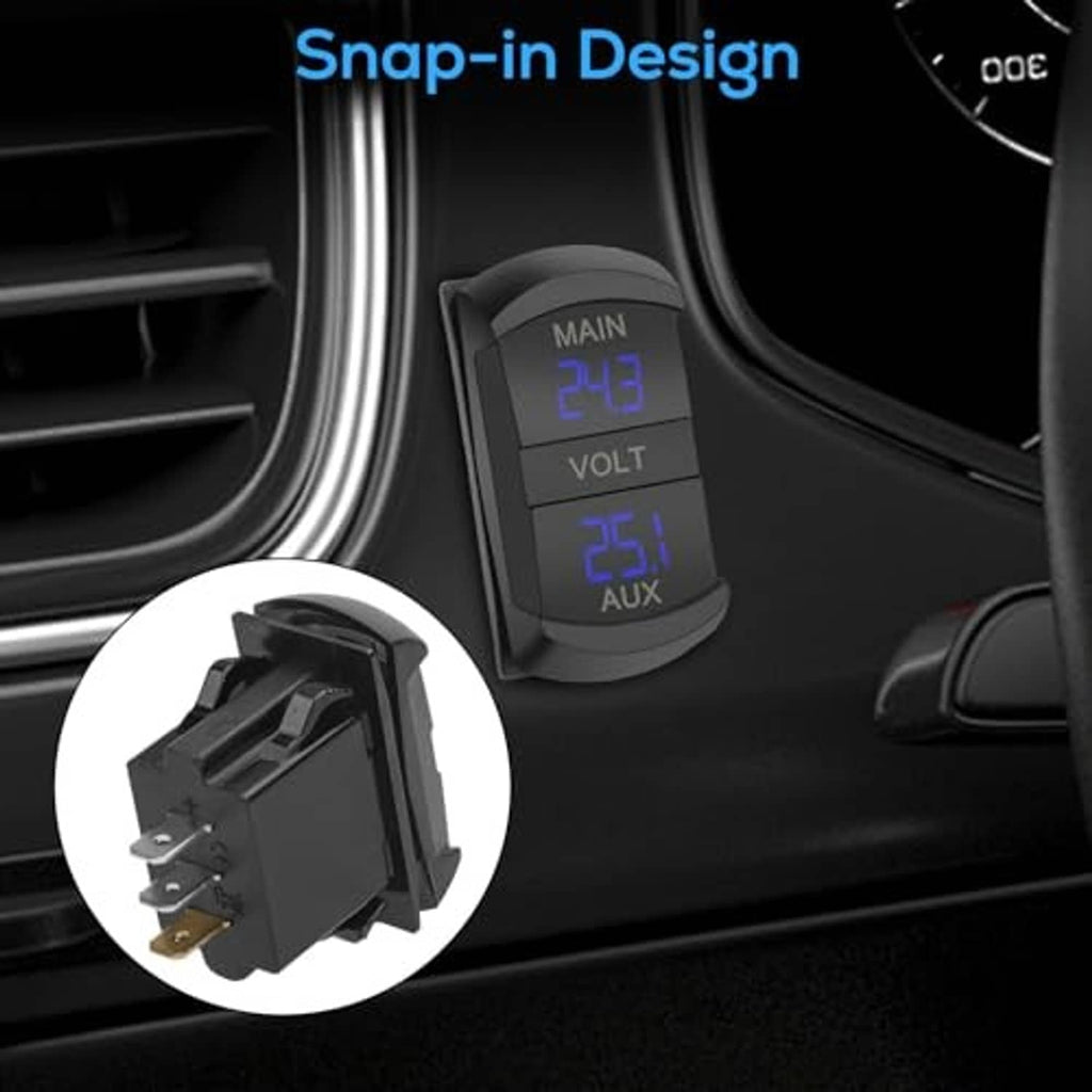 Black snap-in dual voltmeter mounted on car dashboard, blue LED readings