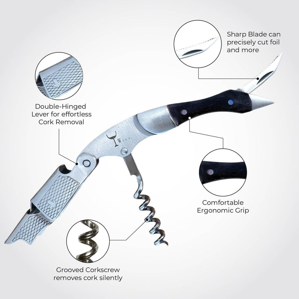 Wine key corkscrew with black ergonomic grip and dual-lever hinge, silver metal frame