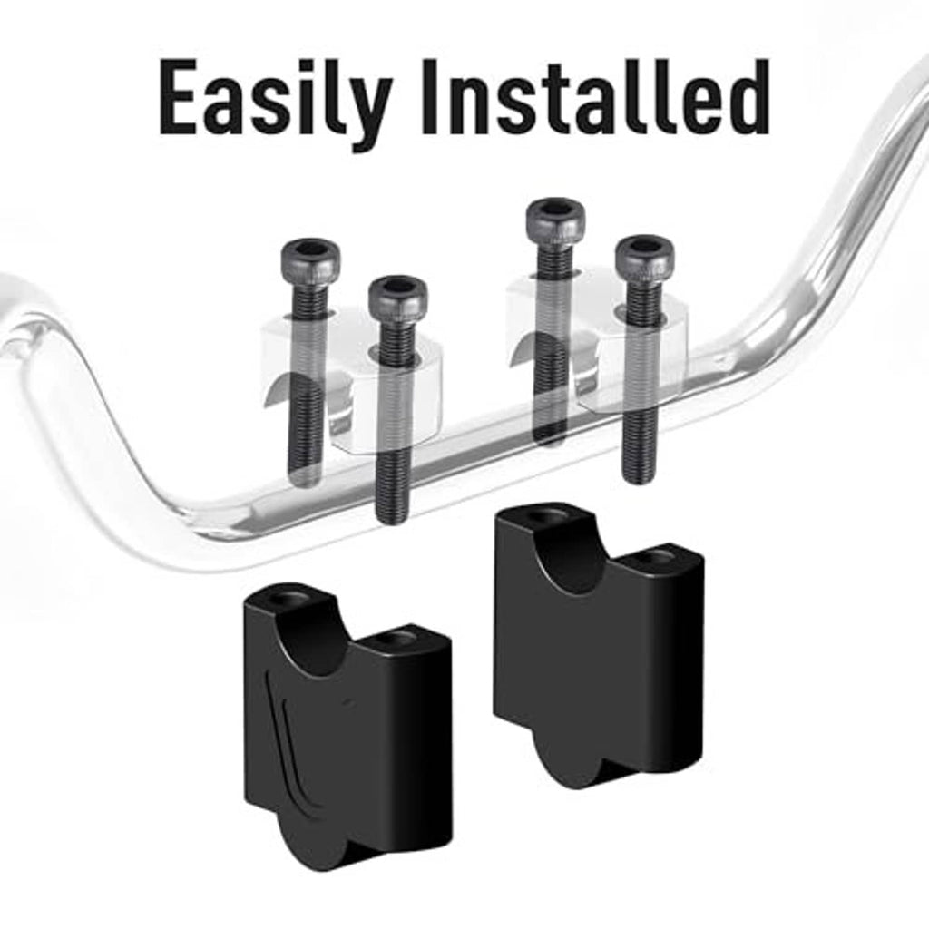 Pair of black handlebar riser clamp blocks with threaded bolts, installation diagram