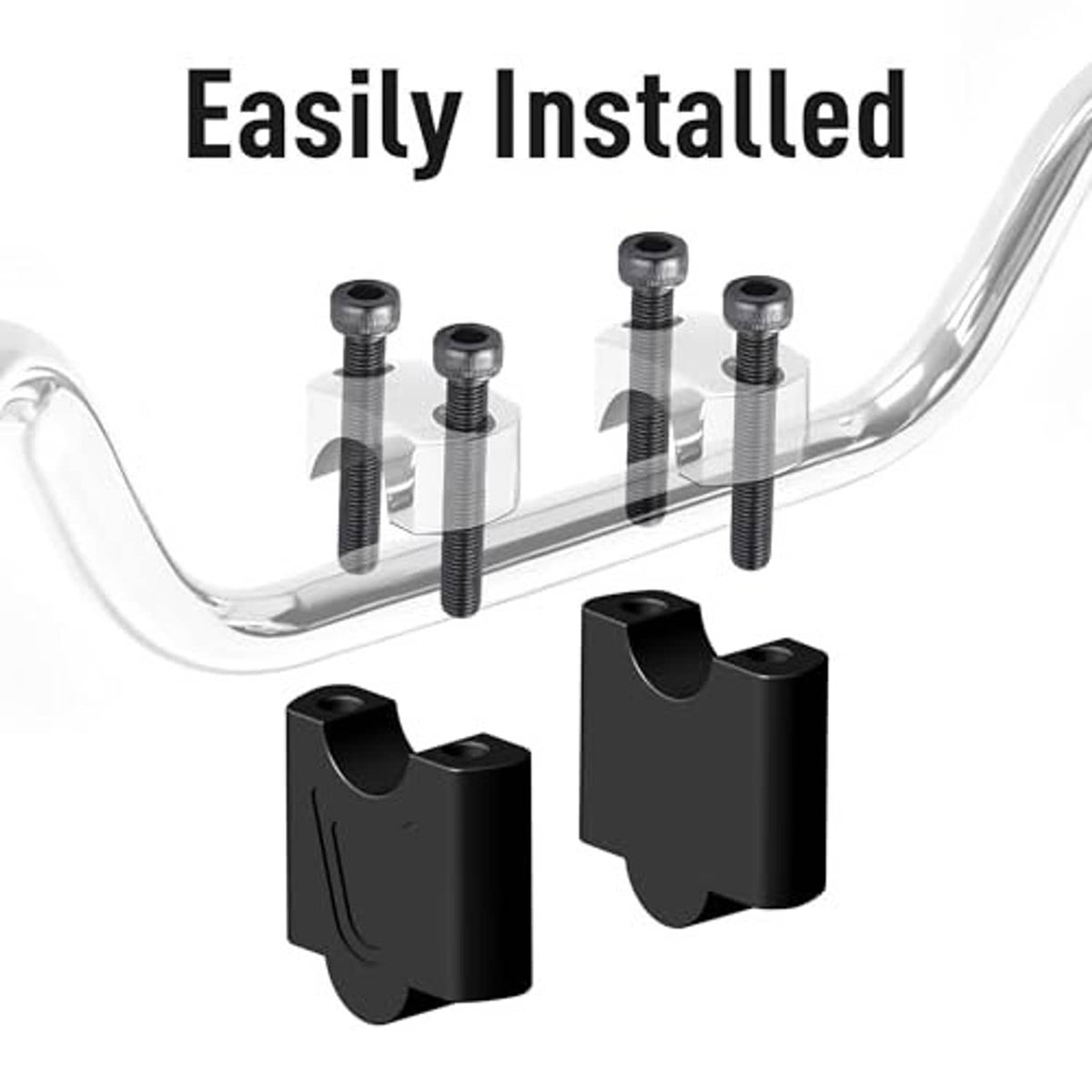 Pair of black handlebar riser clamp blocks with threaded bolts, installation diagram