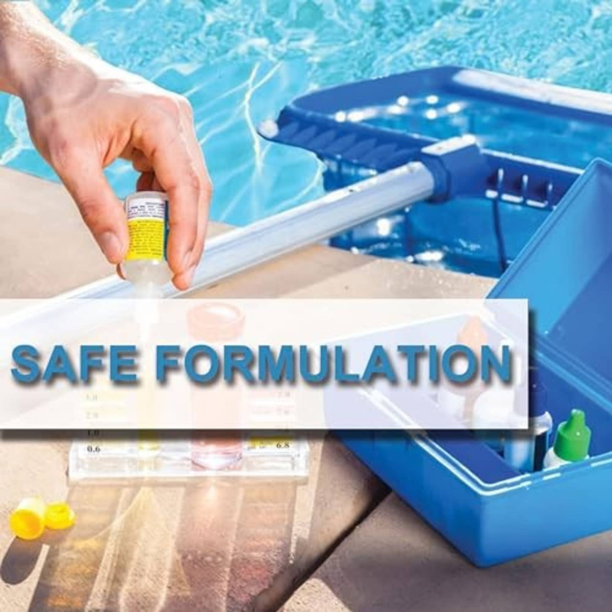 Aromatherapy fragrance bottle in hand beside a hot tub, with “SAFE FORMULATION” text