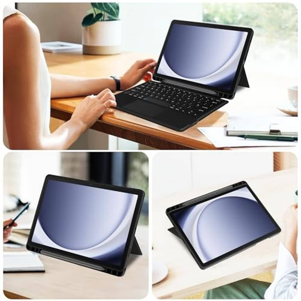 Black tablet keyboard case with kickstand and keyboard in use