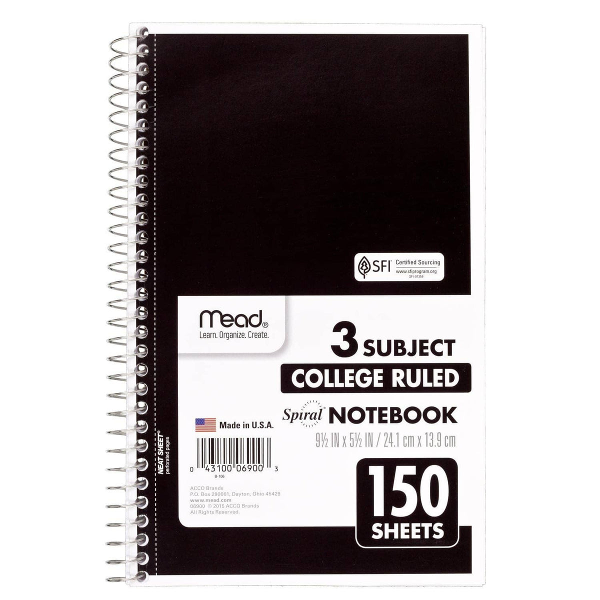 3-subject spiral notebook with black cover and college-ruled paper, 150 sheets