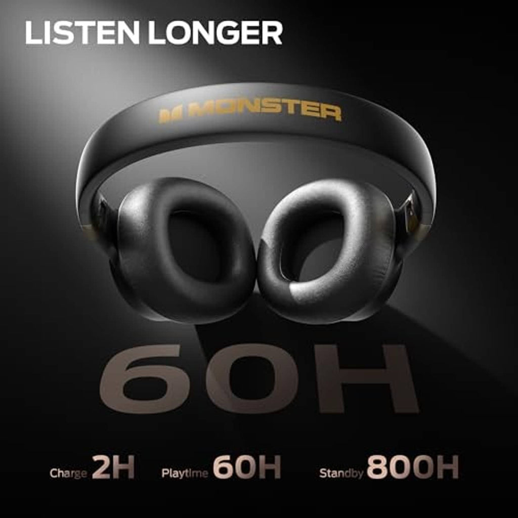Black over-ear headphones, front view with round ear cups and gold accents