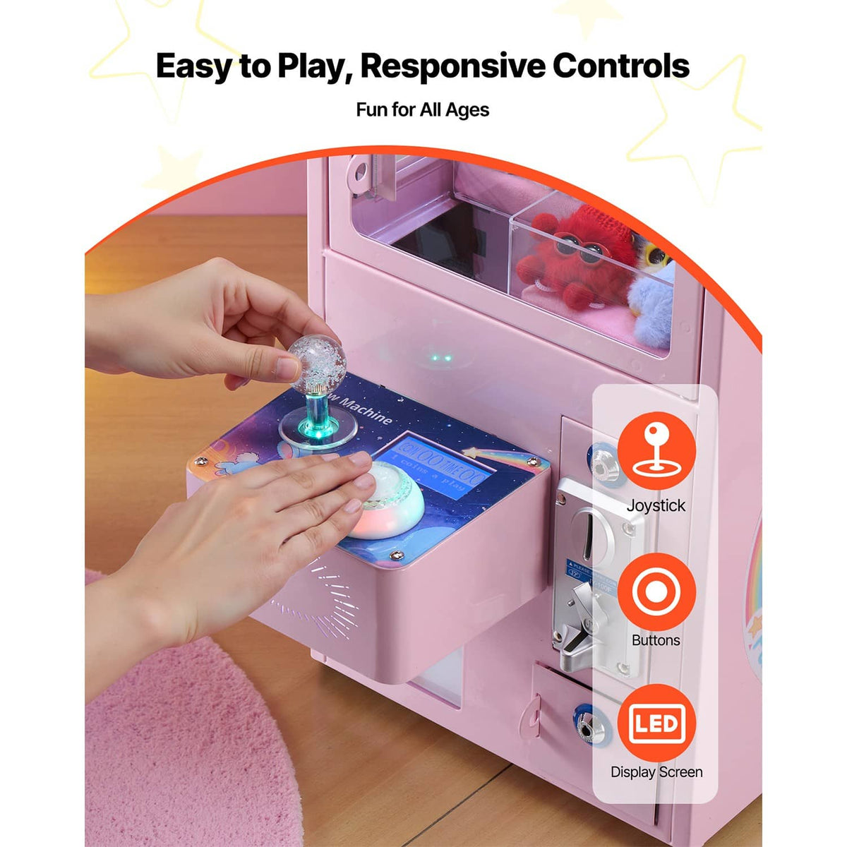 Pink arcade claw crane machine with joystick, buttons, and LED display screen