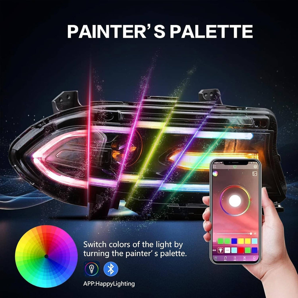 RGB LED projector headlights with multicolor light bars controlled by smartphone app
