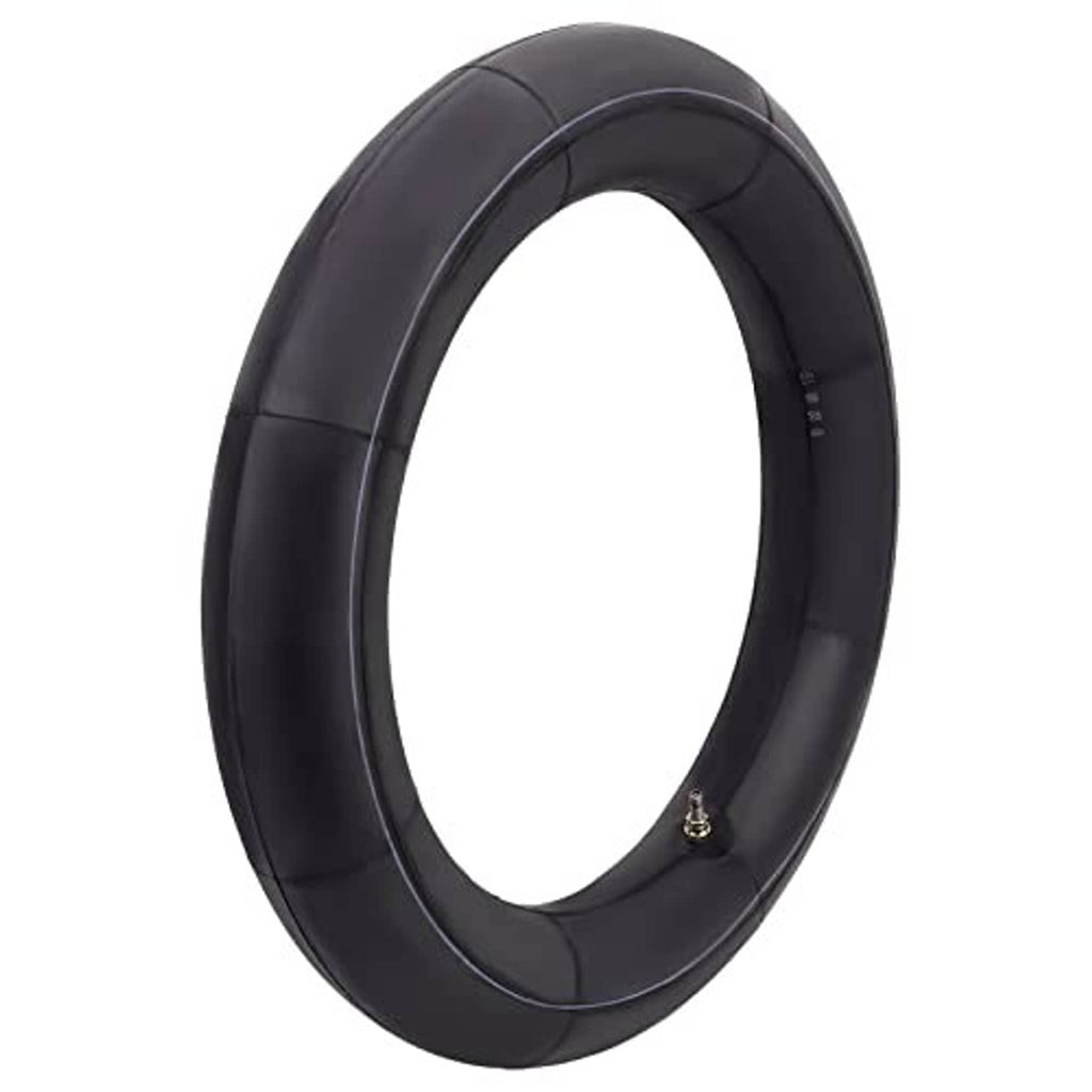 Black motorcycle inner tube, angled view with air valve stem