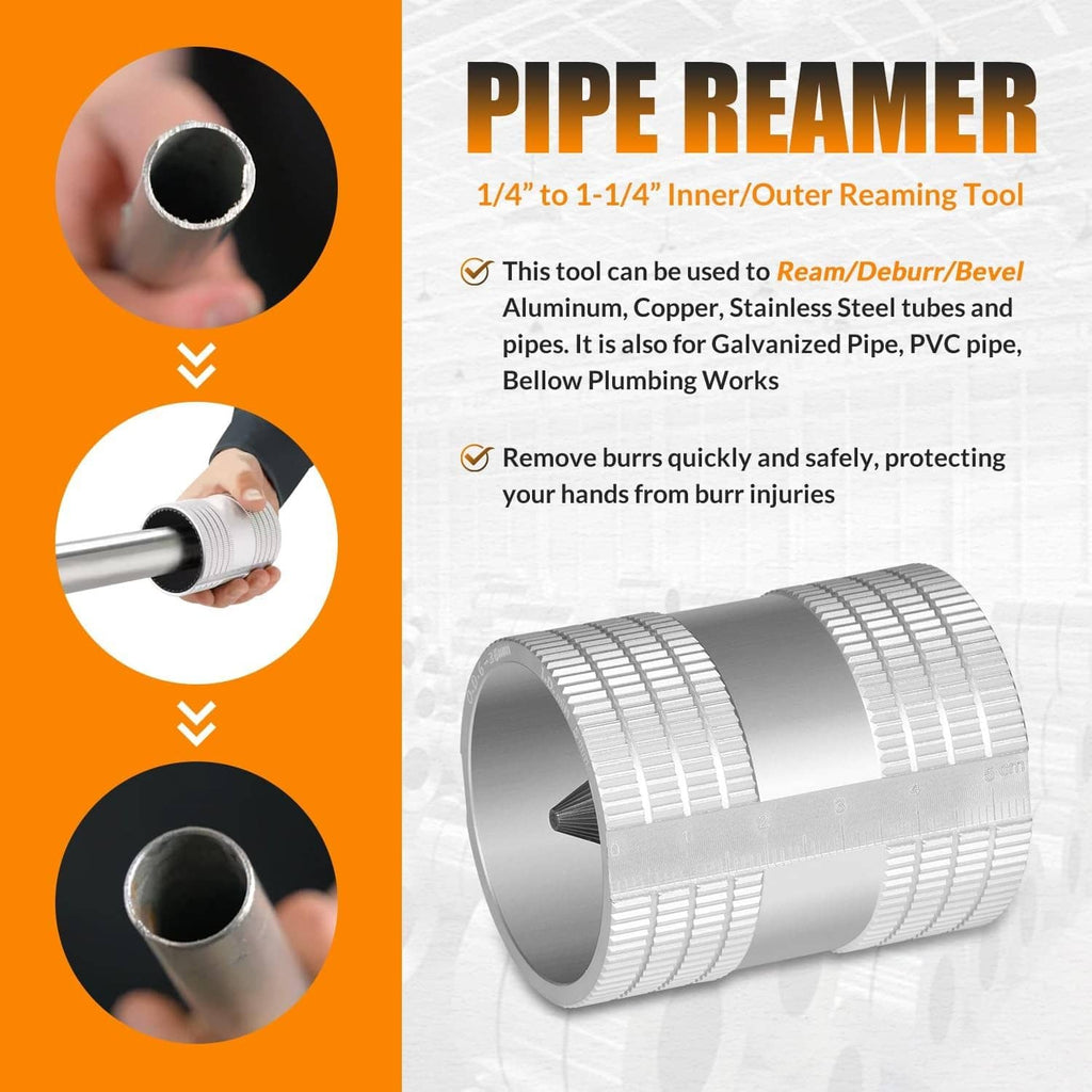 Pipe reamer tool showing cylindrical head with internal cutting teeth.