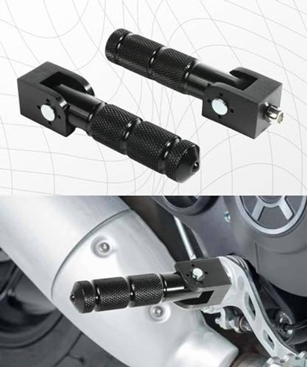 Motorcycle foot pegs installed on bike frame with textured black grip bars