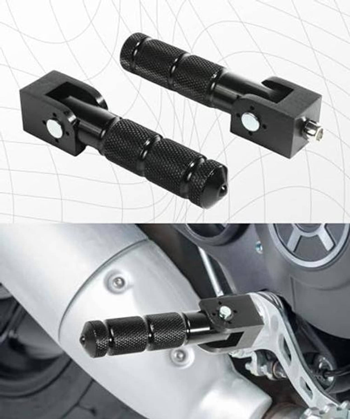 Motorcycle foot pegs installed on bike frame with textured black grip bars