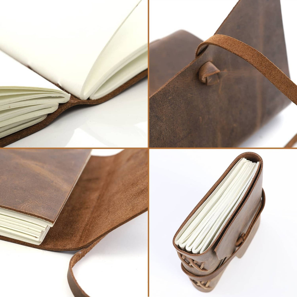 Leather journal notebook detail views with wrap strap and open pages.