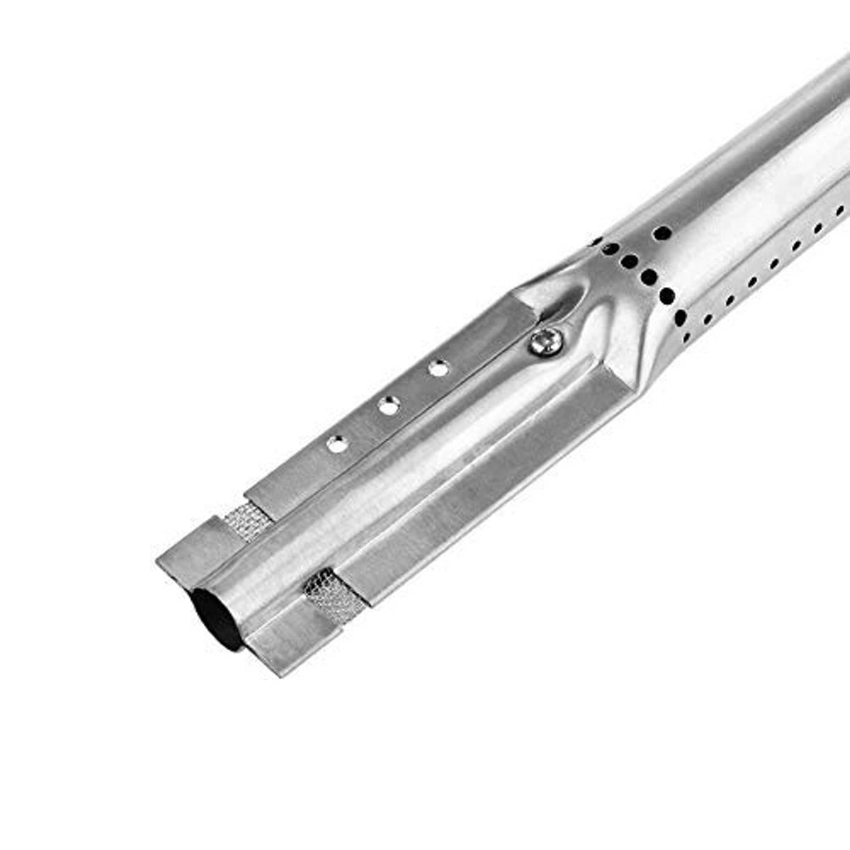 Stainless burner bar end with mounting holes, screw, and vent hole row