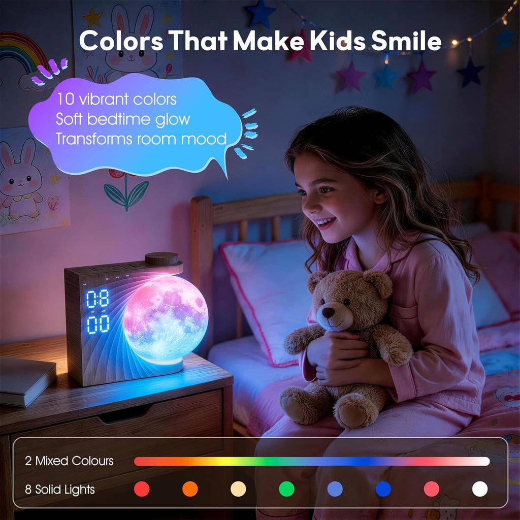 Moon alarm clock with colorful light pattern and glowing digits beside kids bed