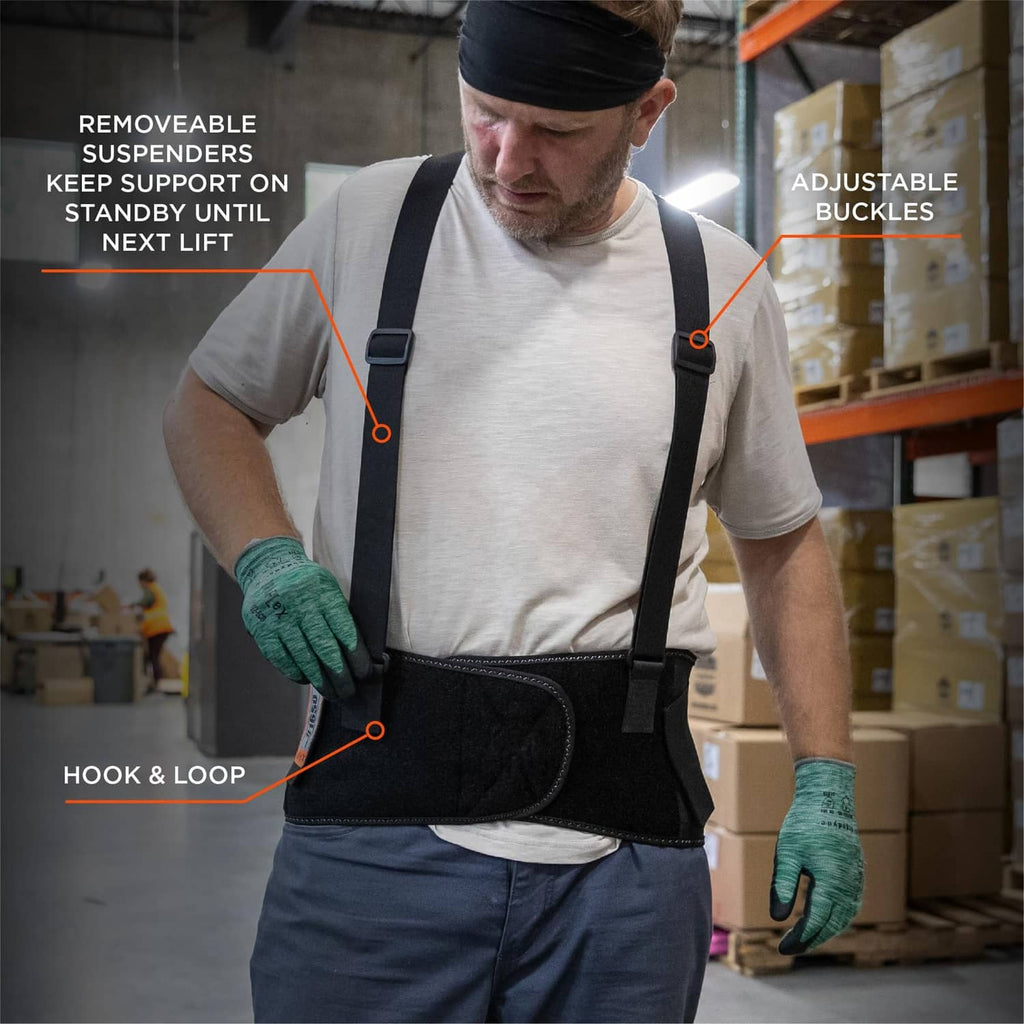 Black lumbar support belt with removable suspenders, hook-and-loop closure, adjustable buckles