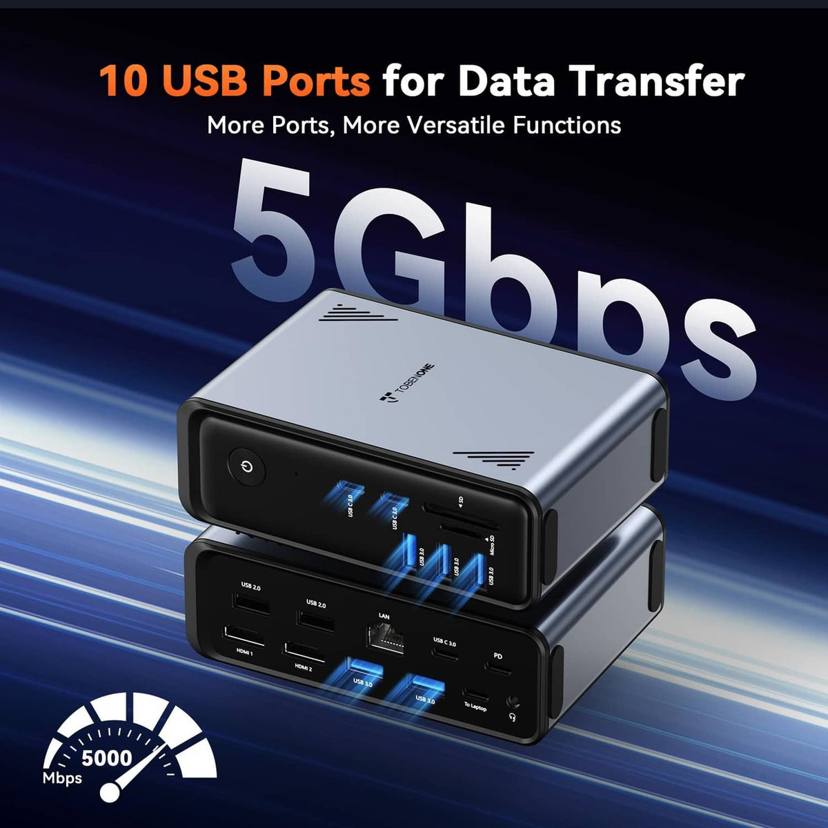 Black docking station with front USB ports and indicator lights for fast data transfer
