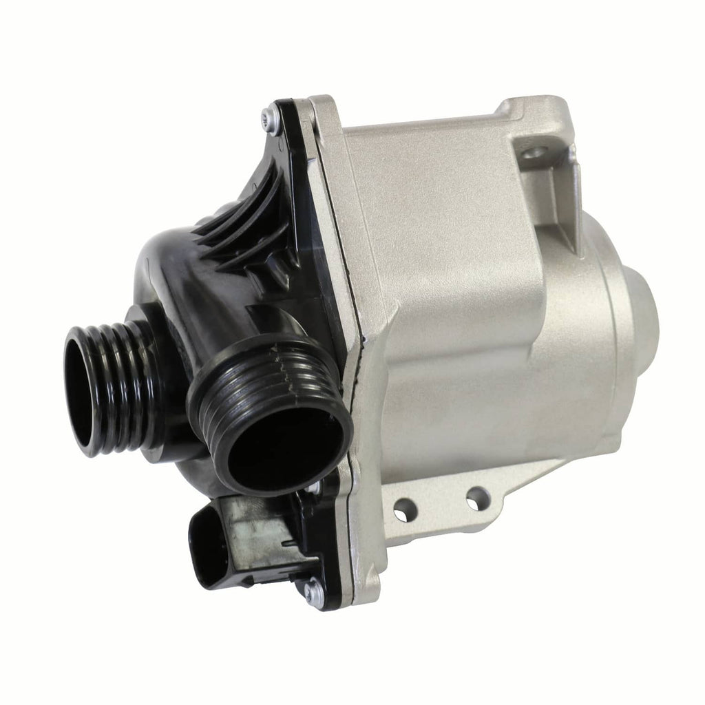 Electric water pump, angled view, black hoses and threaded inlet outlet ports