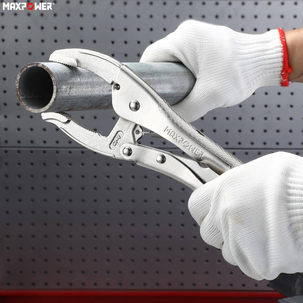 Locking pliers held by gloved hands on a round pipe fitting with curved jaws
