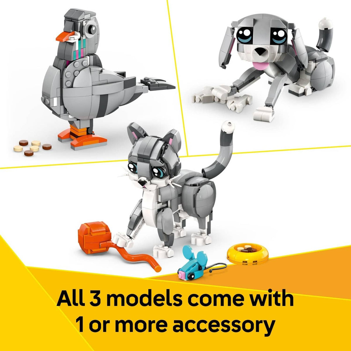 Three built LEGO animal models featuring a grey cat figure in different poses