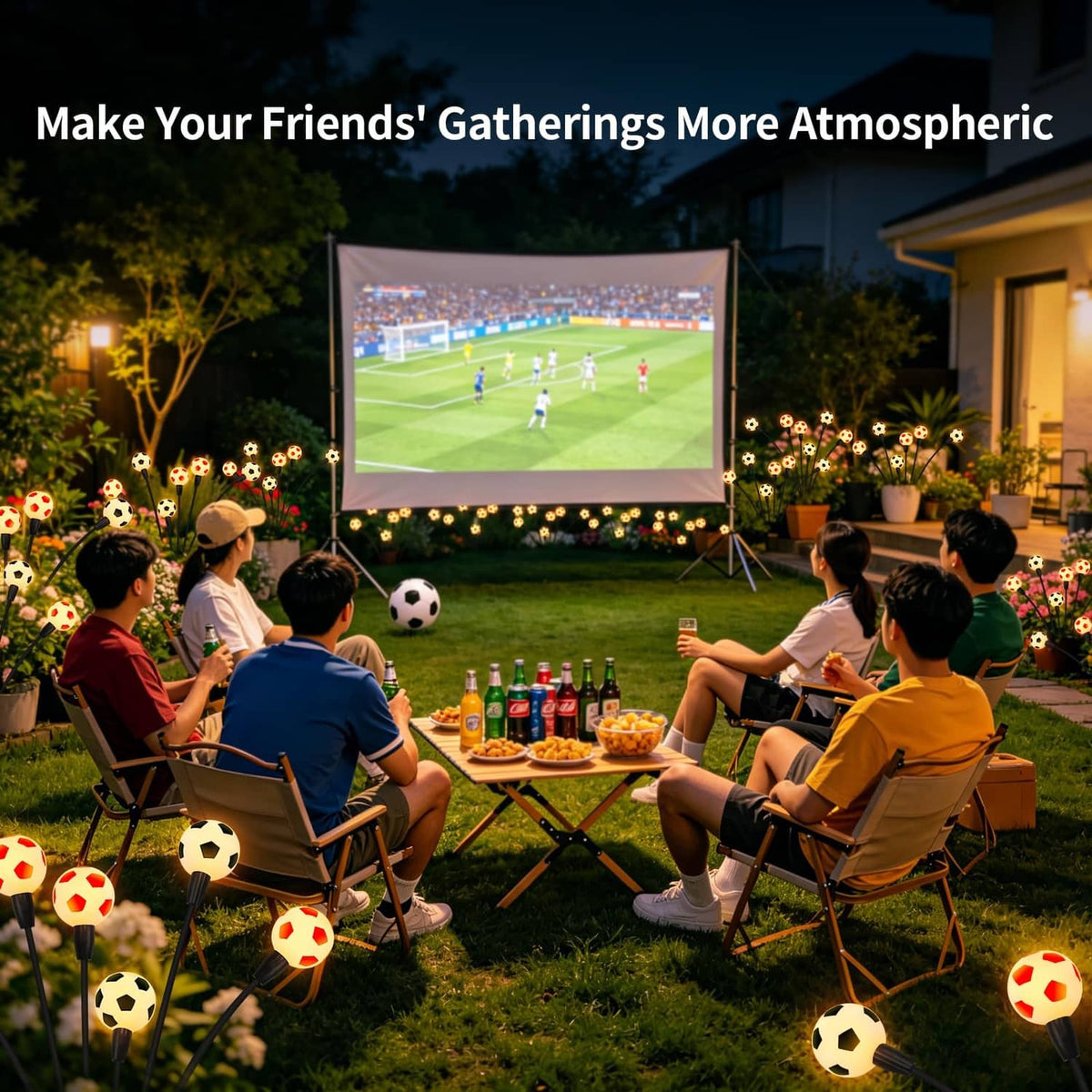Outdoor solar soccer lights with glowing soccer-ball bulbs lining the lawn
